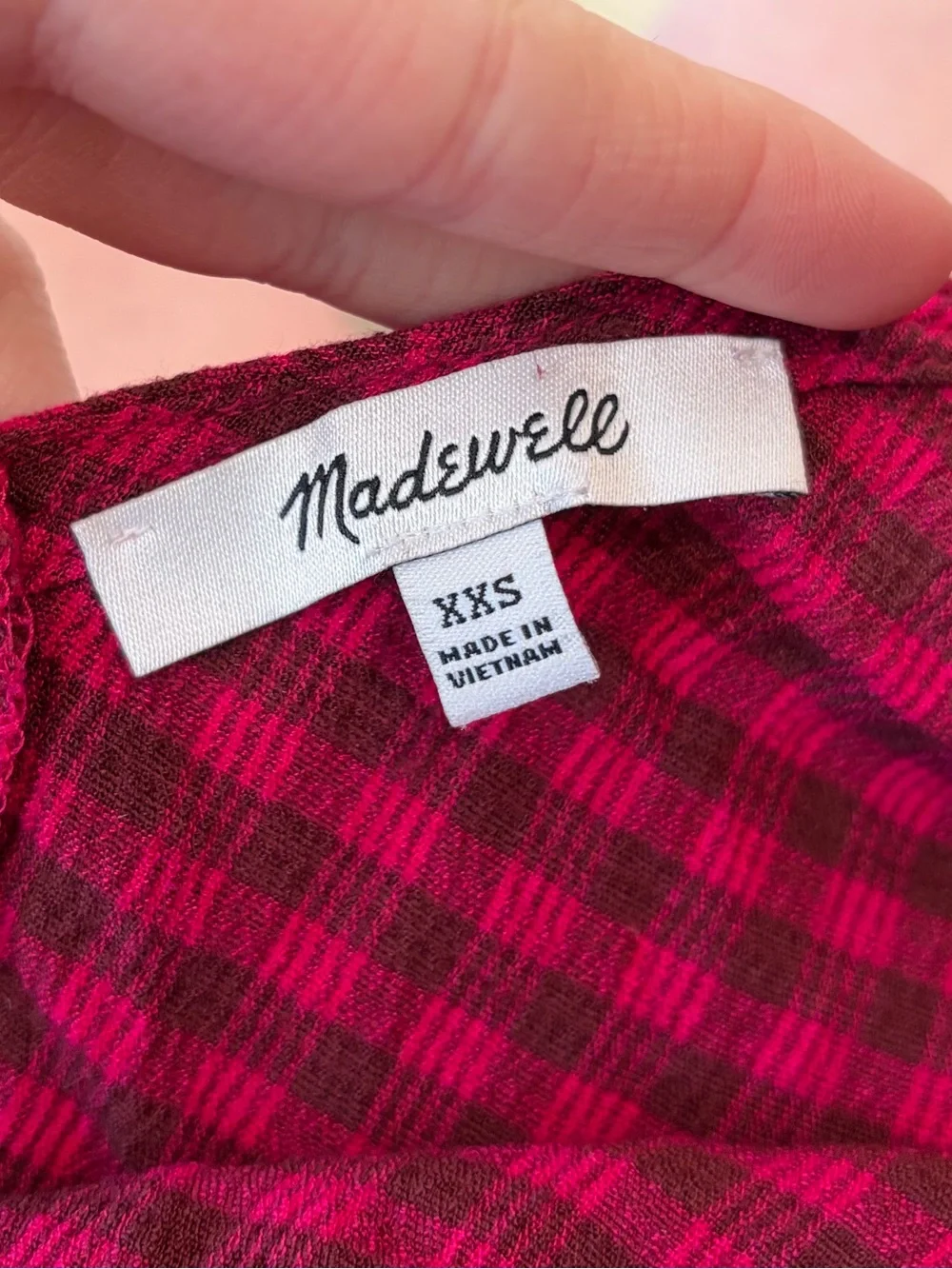 Madewell Crinkled V-Neck Peplum Top Hibiscus Plaid Puff Sleeve Smocked Blouse